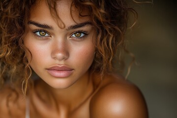 Poster - Captivating close-up of a young woman with curly hair and striking green eyes against a soft background
