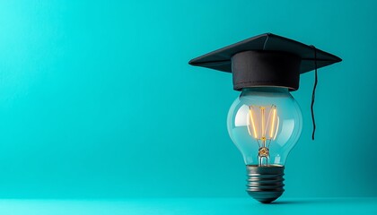 Wall Mural - Bachelor cap and light bulb against a blue background, symbolizing creativity, education, and innovation in modern learning