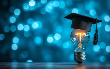 Wall Mural - Educational innovation visual, showcasing a bachelor cap and a light bulb on a blue background, representing new ideas and academic growth