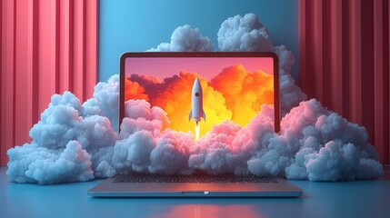 Poster - A striking visual of a rocket ascending from a laptop, enveloped in colorful clouds, representing dreams taking flight and the limitless potential of technology and imagination.