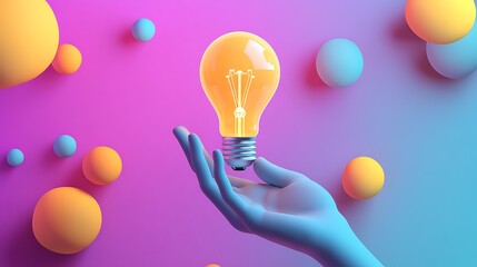 Poster - Glowing Light Bulb in Hand on Purple Background, A glowing yellow light bulb held by a hand against a purple background