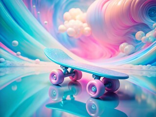 Poster - Pastel Blue Skateboard with Pink Wheels on Pink & Blue Background - Surreal Photography