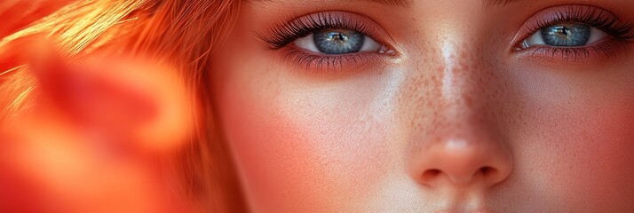 Wall Mural - Captivating close-up of a young woman's face with striking blue eyes and vibrant background