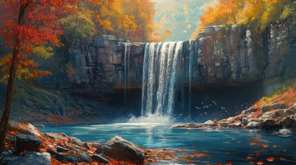 Wall Mural - Autumn Waterfall Scene Forest Cascade, Colorful Leaves, Peaceful Pool