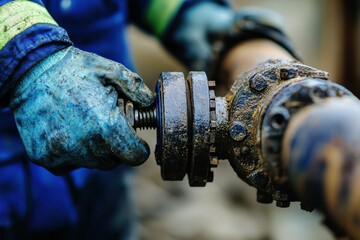 Poster - Close Up of Industrial Worker Tightening Pipe Valve with Gloved Hands