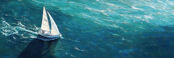 Canvas Print - Aerial view of sailboat sailing on turquoise ocean water.