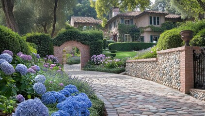 Wall Mural - Cobblestone path leads to a beautiful house nestled amongst lush gardens, featuring hydrangeas and archway.