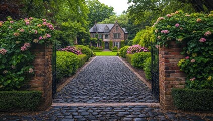 Wall Mural - Cobblestone driveway leading to a grand house nestled in a lush garden with vibrant hydrangeas.