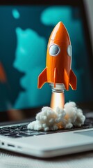 Poster - An intriguing image of a rocket ship taking off from an open laptop, encapsulating the fusion of technology and ambition, with smoke and clouds enhancing the atmosphere.