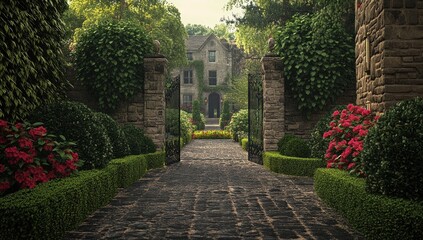 Naklejka na meble Stone pathway leads to a grand house through lush green gardens and flowering bushes.