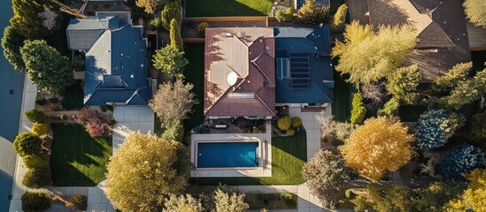 Wall Mural - Aerial view of suburban homes with swimming pool, autumn foliage, and solar panels.