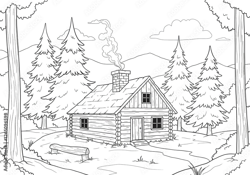 Black and white coloring book illustration, cozy mountain cabin with a ...