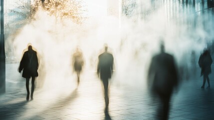 Canvas Print - Figures walk through a foggy, cityscape in an ethereal blend of light and shadow, creating an atmosphere of calm amidst urban bustle.