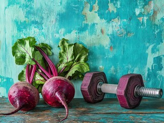 Wall Mural - Two fresh beets and a purple dumbbell rest on a rustic wooden surface against a turquoise textured background.