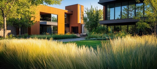 Wall Mural - Modern house with lush landscaping and tall grasses in the foreground, showcasing a contemporary architectural design and outdoor living space.