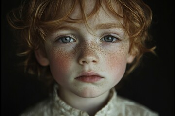 Poster - Young child with bright eyes and freckled face gazes thoughtfully into the distance in soft lighting