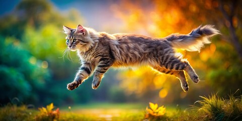 Poster - Playful LaPerm Cat in Mid-Air Leap: Double Exposure Stock Photo