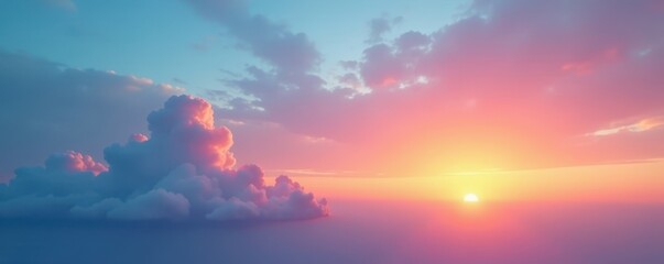 Wall Mural - Pastel blue sky transitioning into fiery sunset, serene atmosphere , ethereal, peace