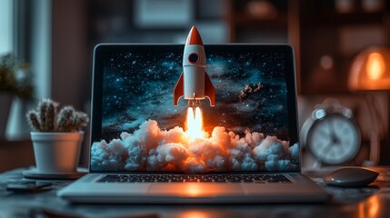 Fototapete - A dynamic image of a rocket launching from a laptop, set against an artistic galaxy backdrop, emphasizing human creativity and the limitless possibilities of technology in a surreal manner.