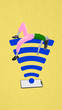 © master1305 - Woman lying relaxed over large Wi-Fi signal icon against yellow background, depicting digital dependency and comfort in constant connectivity. Concept of social media, networking, communication