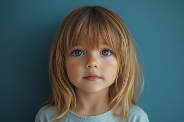 Poster - Young child with bright blue eyes and long hair poses against a soft blue background