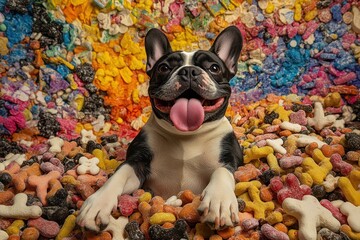 Wall Mural - Happy French bulldog sitting in a pile of colorful dog treats.