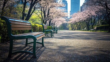 Wall Mural - Empty park benches line a path under blossoming cherry trees, city skyline in background.