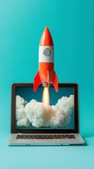 Poster - A vibrant rocket launching from a laptop screen, symbolizing innovation and creativity in technology, representing the fusion of digital and physical worlds in a stunning visual.