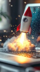 Poster - A visually stunning image depicting a dynamic rocket blasting off from a laptop, surrounded by dense clouds, reflecting innovation, adventure, and the synergy of technology and creativity.