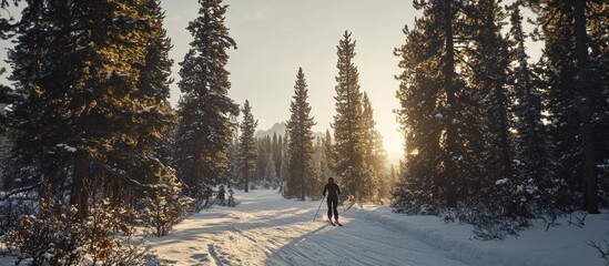 Poster - Cross-country skier on snowy trail through sunlit winter forest.