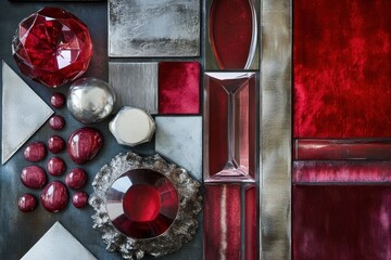 Poster - Abstract close-up of red and gray gemstone and metal samples.