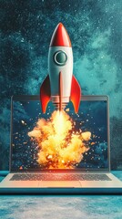 Poster - An explosive rocket launches from a laptop display, representing the dynamic fusion of technology and creativity, invoking feelings of excitement and ambition in a striking visual narrative.