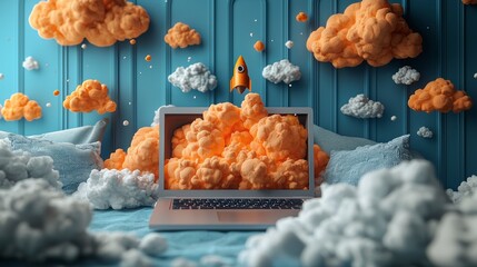 Poster - A whimsical rocket soars from a computer screen surrounded by fluffy clouds, embodying the playful spirit of innovation and the longing for exploration in a charming artistic representation.
