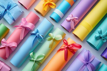 Poster - Top-down of colorful rolls of wrapping paper and gifts tied with ribbons.