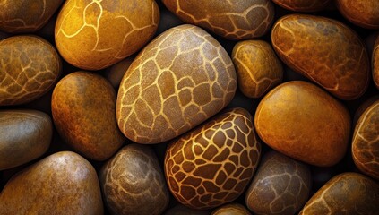 Poster - Close-up of smooth, amber-toned stones with intricate, patterned surfaces.