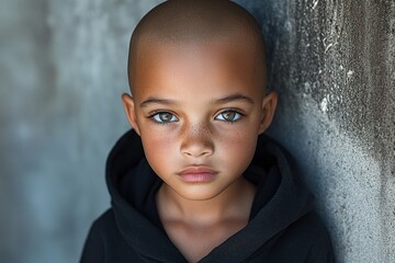 Young child with expressive eyes and shaved head stands against a textured wall in a close-up portrait