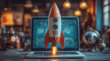 Poster - A creatively rendered image of a rocket emerging from a laptop, encapsulating the synergy between technology and the dream of space exploration, illustrated in unique colors.