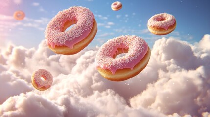 Poster - Whimsical doughnuts with pink frosting and sprinkles glide effortlessly through a dreamy, cloud-filled sky, evoking a sense of wonder and delight in this surreal scene