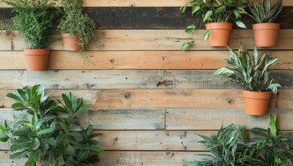 Wall Mural - Assorted potted plants on rustic wooden wall.