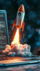 Poster - A stylish rocket shoots out from a computer screen, conveying a strong message about progress and innovation in technology while creating an engaging visual experience.
