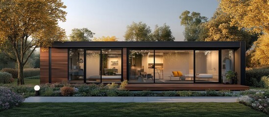 Wall Mural - Modern minimalist house with large windows and wooden facade, situated in a tranquil autumnal setting.