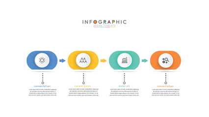 Fototapete - 4 steps infographic design template, infographic progresses horizontally from left to right, indicated by the prominent orange arrows connecting each stage. Instructional graphics with 4 options.