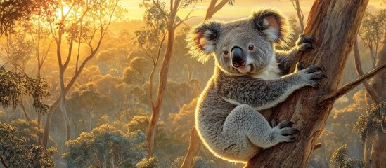 Sticker - Koala perched on eucalyptus tree at sunset, golden light filtering through leaves.