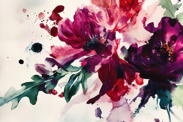 Wall Mural - Abstract watercolor painting of vibrant purple and pink flowers with green leaves and splatters.