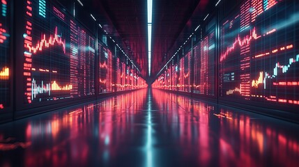 Aufkleber - Data center illuminated with vibrant charts and graphs reflecting on polished floor in symmetrical high tech setting