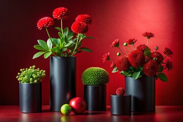 Poster - Red Black Minimalist Still Life: Cylinders, Flowers, Plants