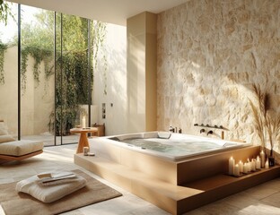 Poster - Modern minimalist bathroom with freestanding bathtub, stone wall, and natural light.