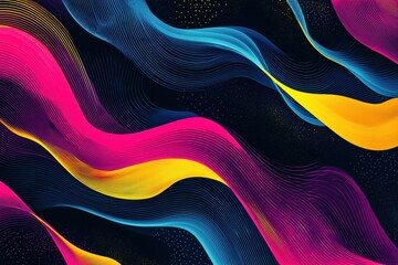 Poster - Dynamic abstract waves of vibrant pink, yellow, blue, and purple on dark backdrop