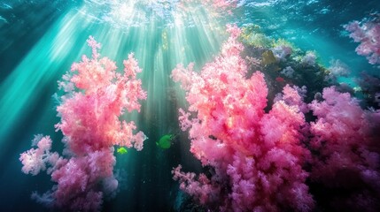 Wall Mural - Vibrant pink coral reef underwater with sunbeams.