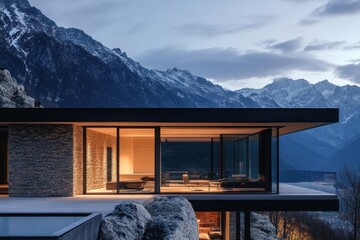 Wall Mural - Modern mountain home with glass walls, stone exterior, and infinity pool overlooking snow-capped peaks at dusk.